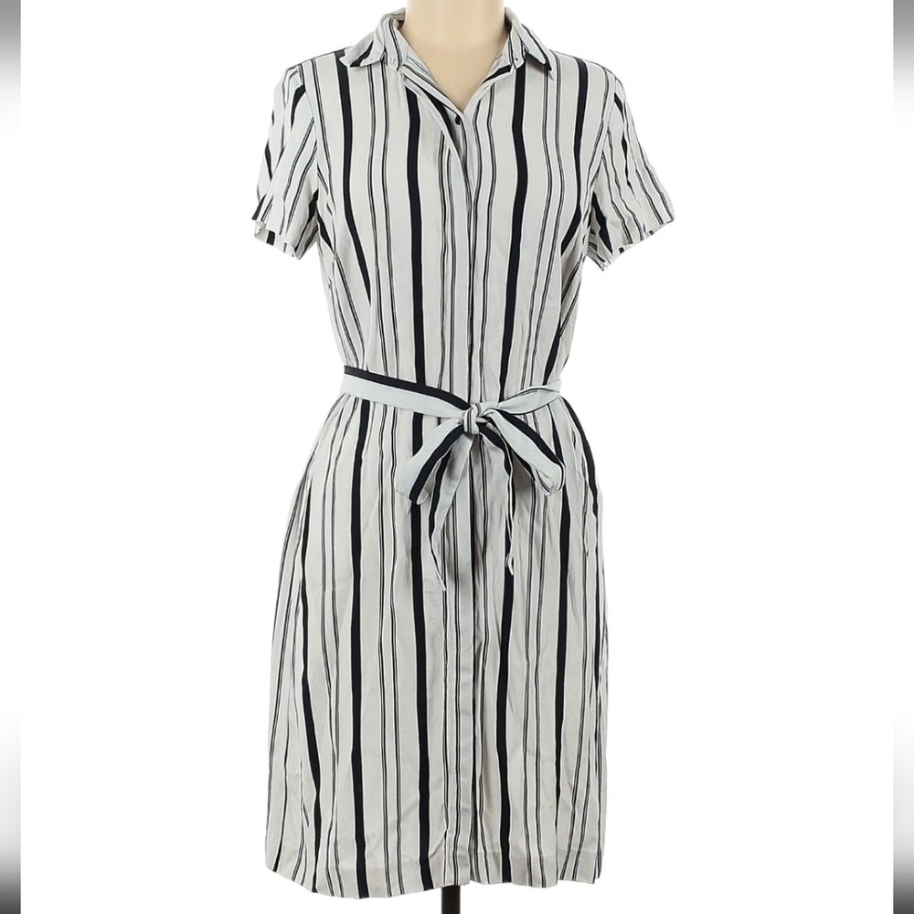 Ann Taylor collared tie dress black and white stripe knee length size 12